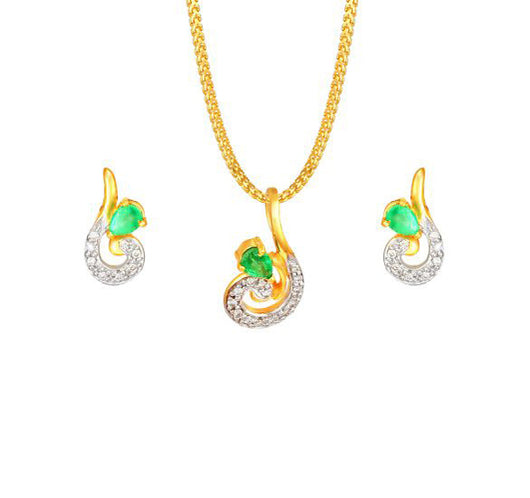 18 karat yellow gold pendant earring set studded with diamonds and emerald