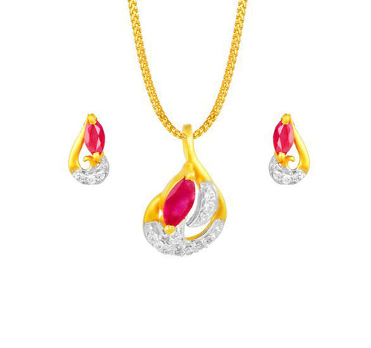 Diamond and ruby studded pendant earring set crafted out of 18 karat yellow gold