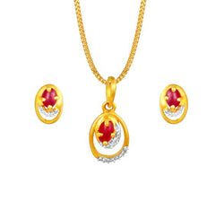 18 karat yellow gold pendant earring set studded with diamonds and rubies